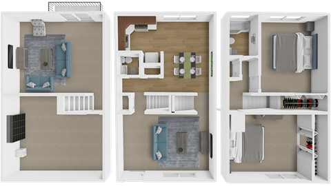 a 3d rendering of a floor plan with bedrooms and a living room