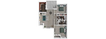A top-down view of a small apartment with a kitchen, living room, and bedroom.