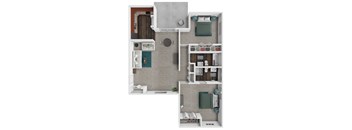 A top-down view of a small apartment with a kitchen, living room, and bedroom.