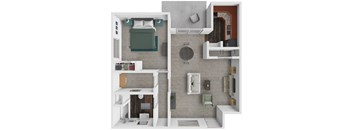 A top-down view of a modern apartment layout with a bedroom, living room, and kitchen.