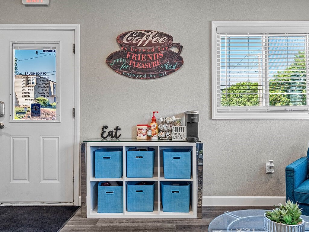 club house with a hot drink area and a door