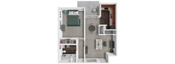 A top-down view of a small apartment with a bedroom, living room, and kitchen.
