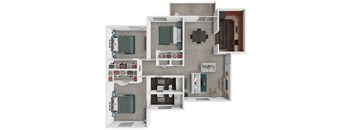 A 3D floor plan of a house showing a kitchen, living room, dining room, and bathroom.