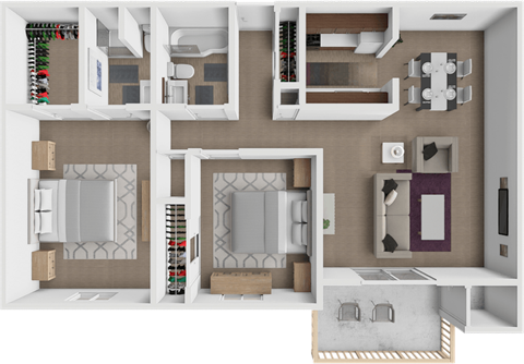 a 3d rendering of a bedroom with a bathroom and a living room