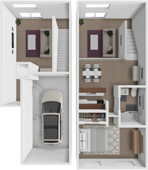 1 Bed 1 Bath townhome floor plan at Grandridge Apartments