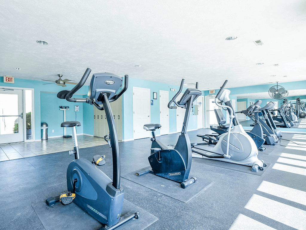 a row of exercise bikes in a gym
