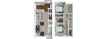 A top-down view of a small apartment with a kitchen and a bathroom.