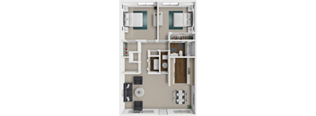 A floor plan of a two-bedroom apartment with a kitchen and living room.