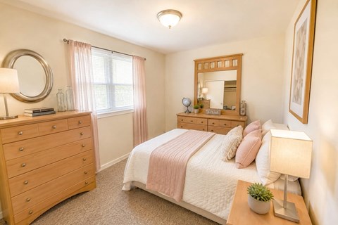 A bedroom with a bed, dresser, mirror, and lamp.