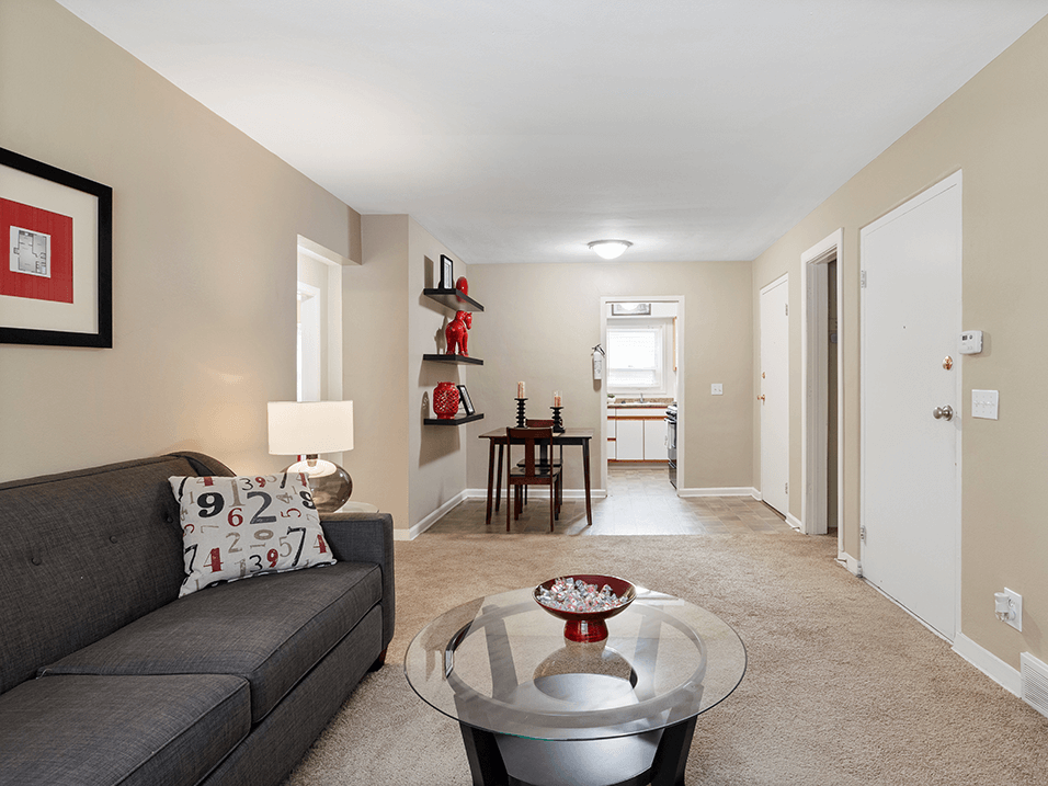 a living room with a couch and a coffee table