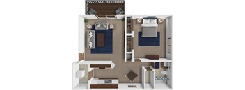 A 3D floor plan of a small apartment with a bedroom, living room, and kitchen.