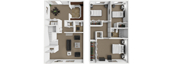 A 3D floor plan of a house with a kitchen, living room, and bathroom.