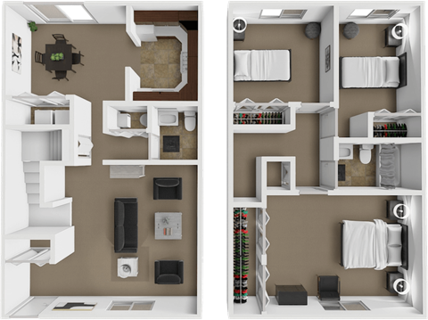 A 3D floor plan of a house with a kitchen, living room, and bathroom.