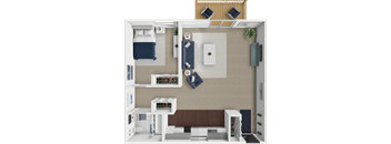 A 3D rendered image of a 1 bedroom 1 bathroom apartment