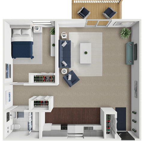 A 3D rendered image of a 1 bedroom 1 bathroom apartment