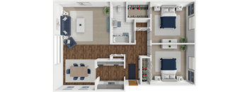 A 3D rendered image of a 2 bedroom apartment at huntley ridge clarksville
