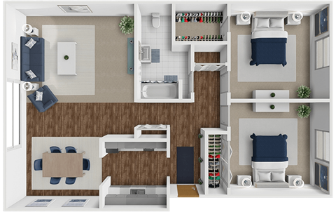 A 3D rendered image of a 2 bedroom apartment at huntley ridge clarksville