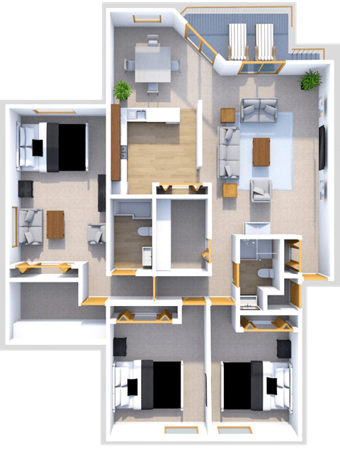 3 bedroom 2 bath floor plan at Hidden Cove Apartments