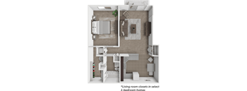 A 3D floor plan of a one-bedroom home with living room closets.
