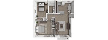 A top-down view of a modern kitchen and living room layout.
