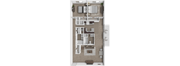 A floor plan of a house with a kitchen, living room, dining room, and bathrooms.