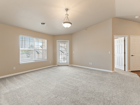 A spacious room with a carpeted floor and a ceiling light.