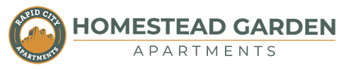 The image is a logo of Rapid City Apartments with the text "Homestead Garden Apartments" written below it.
