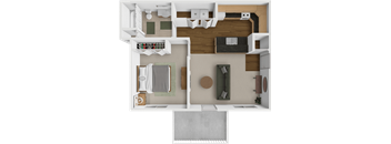 A 3D floor plan of a house showing a kitchen, living room, and bathroom.