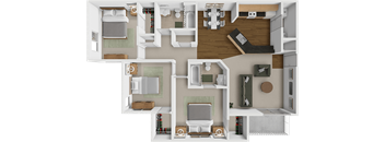 A top-down view of a house layout with a kitchen, living room, and bathroom.