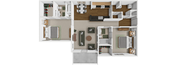 A top-down view of a small apartment layout with a living room, kitchen, and bedroom.