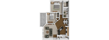 A 3D floor plan of a small apartment with a kitchen, living room, and bathroom.