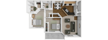 A 3D floor plan of a house with a kitchen, living room, and two bedrooms.
