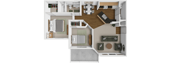 A top-down view of a small apartment layout with a kitchen, living room, and bedroom.