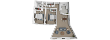 A 3D floor plan of a house with a living room, kitchen, and two bedrooms.