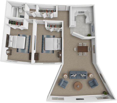 A 3D floor plan of a house with a living room, kitchen, and two bedrooms.