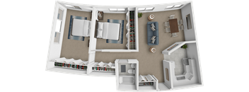 A 3D rendered image of a house layout.