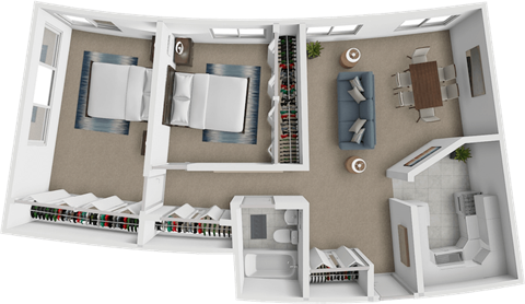A 3D rendered image of a house layout.