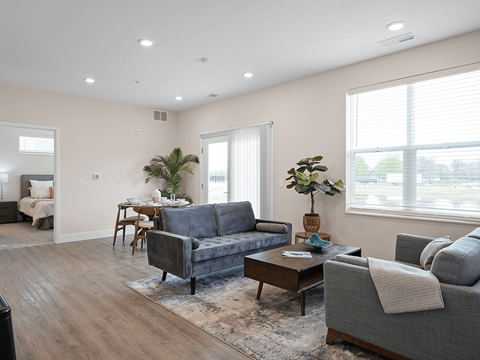 A living room with a grey couch and a coffee table.