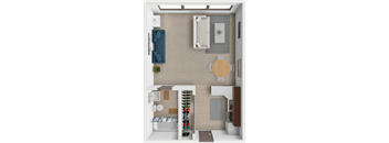 A top-down view of a small apartment with a kitchen, living room, and bathroom.