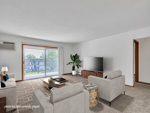 A living room with a grey couch, a coffee table, a television, and a plant.