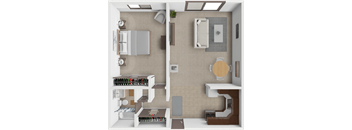 A top-down view of a small, neatly organized apartment with a kitchen, living room, and bedroom.
