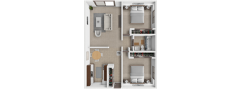 A 3D floor plan of a small apartment with a kitchen, living room, and bathroom.