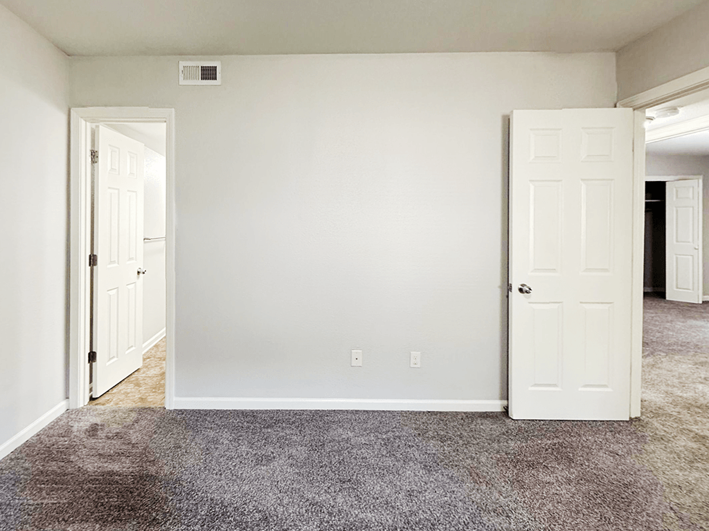 A room with a carpeted floor and two white doors.