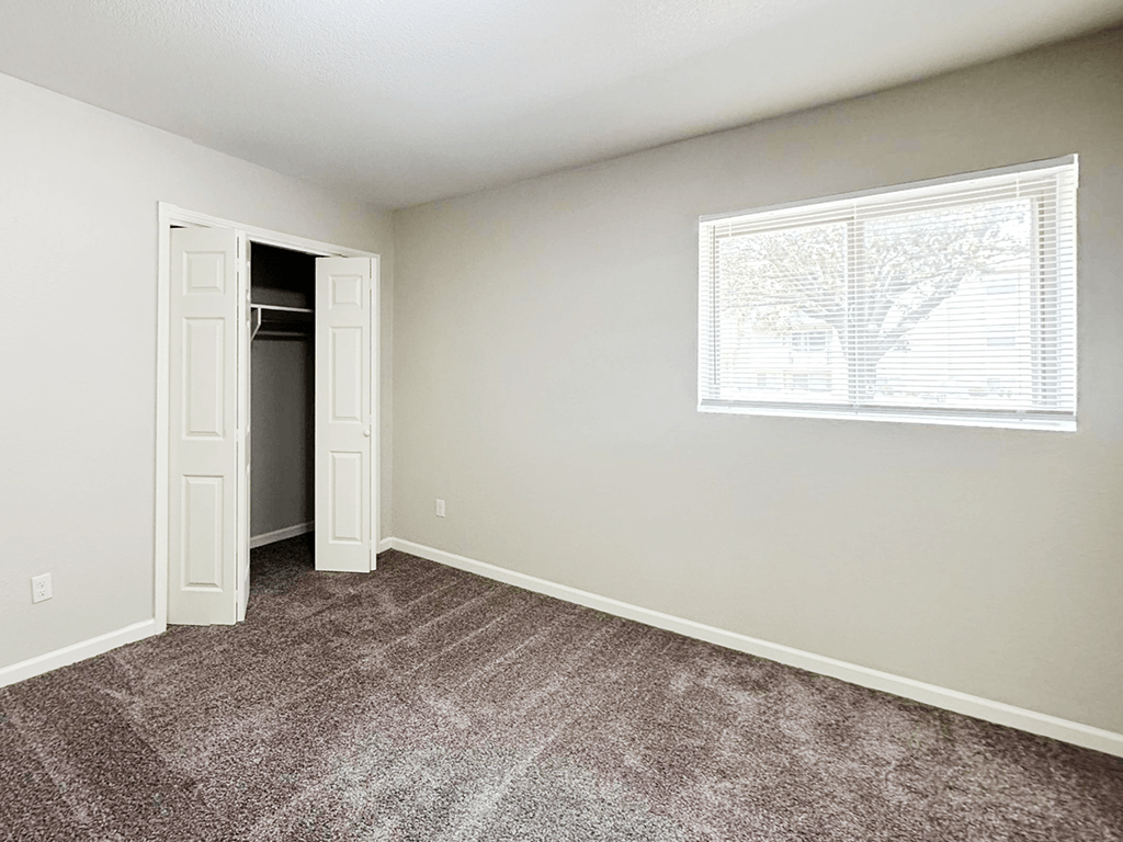 A room with a carpeted floor and a window with blinds.