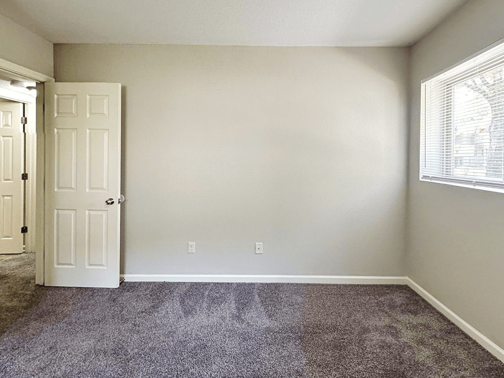 A room with a white door and a window with blinds.