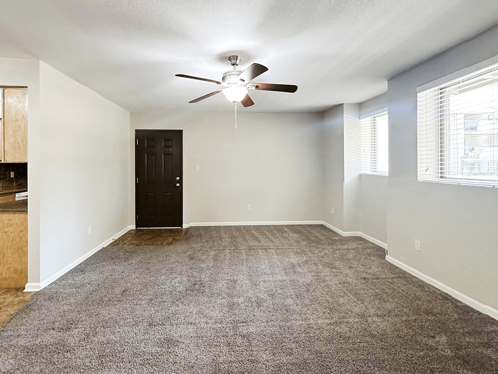 A room with a ceiling fan and carpeted floor.