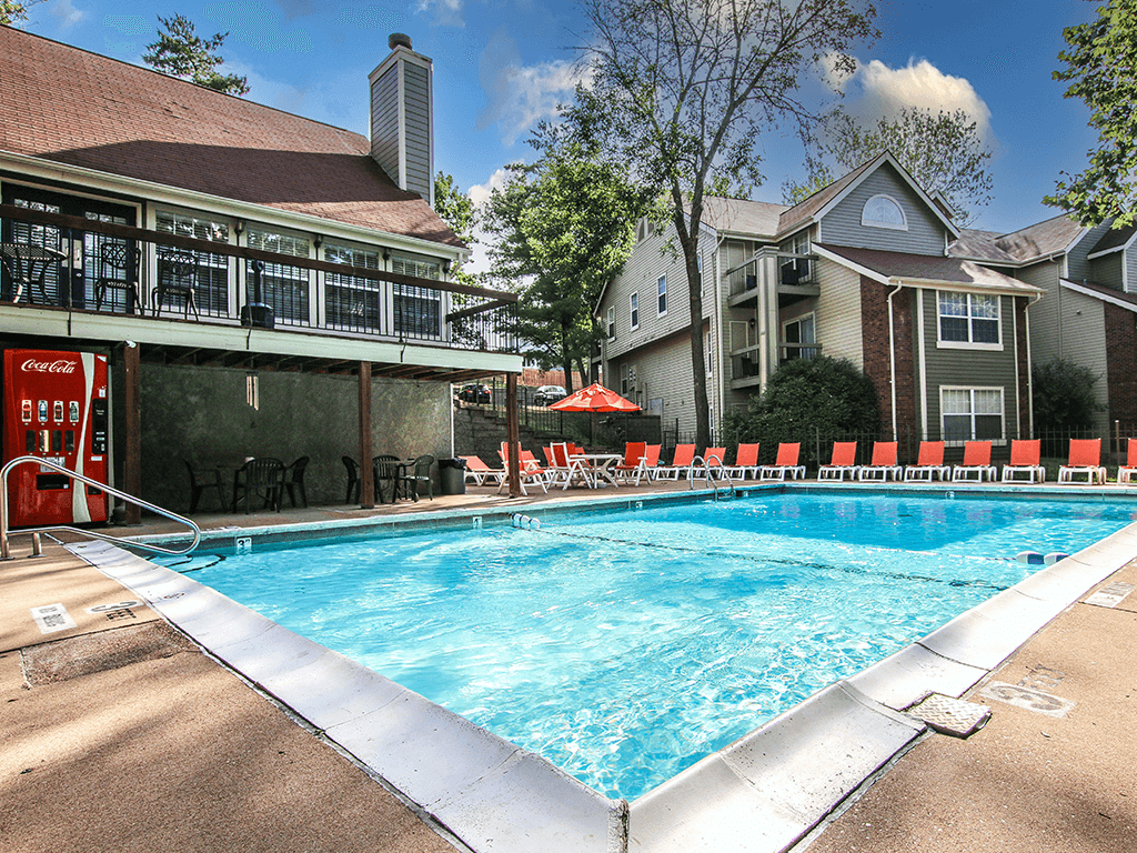 swimming pool with apartment building