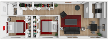 A top-down view of a living room with a couch, a television, and a staircase.