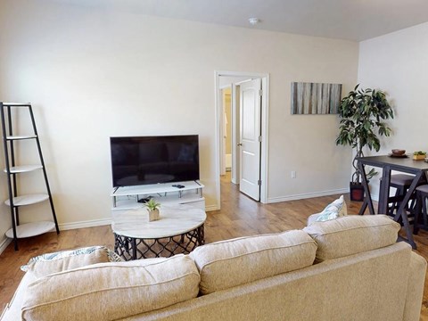 A living room with a beige couch and a television.
