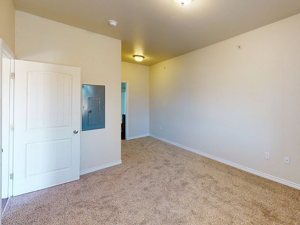 a bedroom with a white door and a carpeted floor